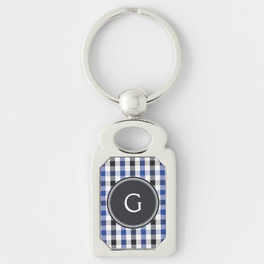 chic preppy blue zwarte gingham patroon monogram sleutelhanger (Voorkant)