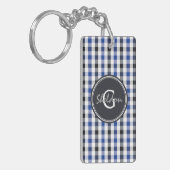 chic preppy blue zwarte gingham patroon monogram sleutelhanger (Voorkant Links)
