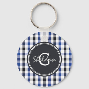 chic preppy blue zwarte gingham patroon monogram sleutelhanger