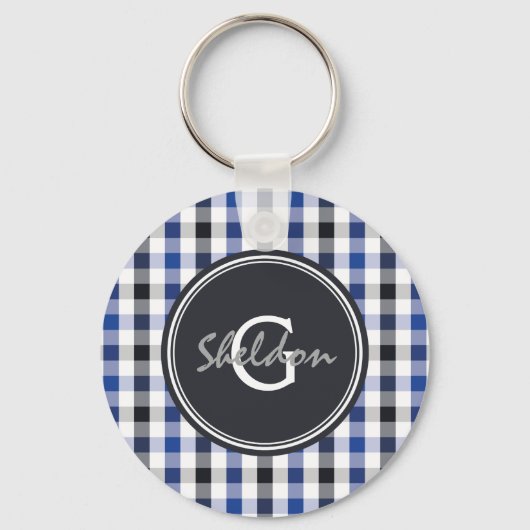 chic preppy blue zwarte gingham patroon monogram sleutelhanger (Voorkant)