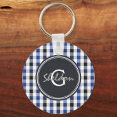 chic preppy blue zwarte gingham patroon monogram sleutelhanger (Voorkant)