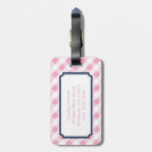chic preppy roze navy gingham patroonmonogram bagagelabel (Achterkant verticaal)