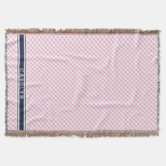 chic preppy roze navy gingham patroonmonogram deken