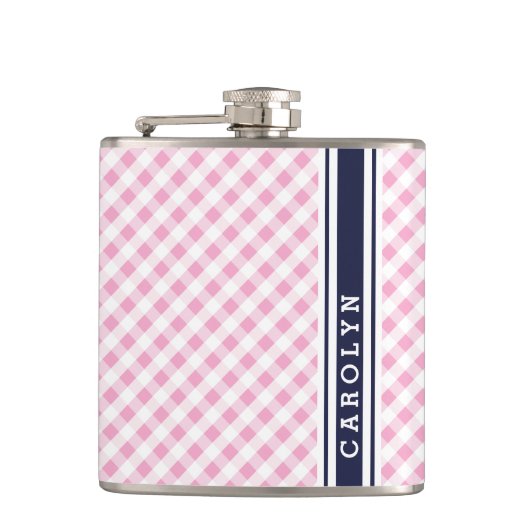 chic preppy roze navy gingham patroonmonogram heupfles (Voorkant)