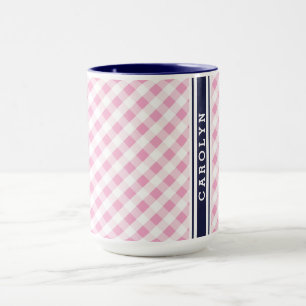 chic preppy roze navy gingham patroonmonogram mok