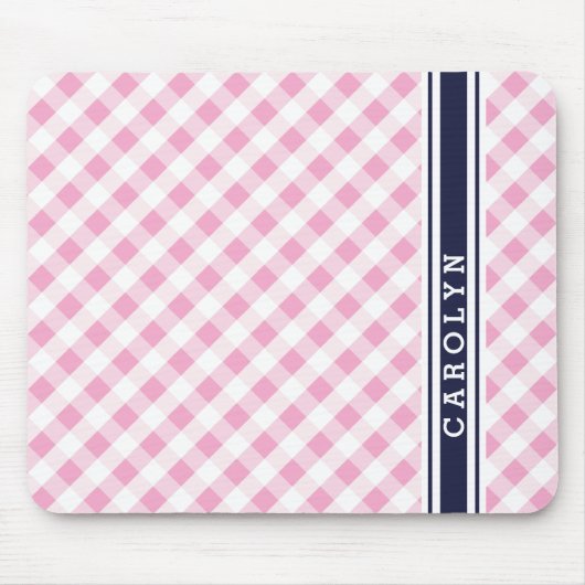 chic preppy roze navy gingham patroonmonogram muismat (Voorkant)