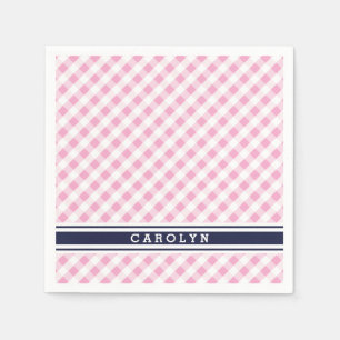 chic preppy roze navy gingham patroonmonogram servetten