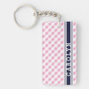 chic preppy roze navy gingham patroonmonogram sleutelhanger