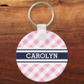 chic preppy roze navy gingham patroonmonogram sleutelhanger (Voorkant)