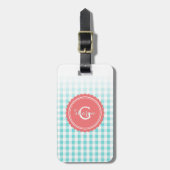 chic preppy turquoise gingham patroon monogram bagagelabel (Voorkant verticaal)