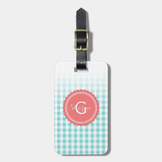 chic preppy turquoise gingham patroon monogram bagagelabel (Voorkant verticaal)