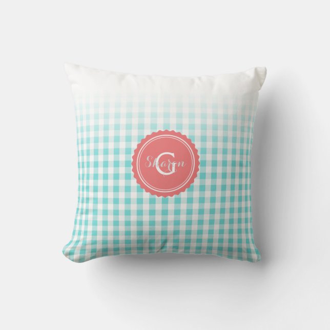 chic preppy turquoise gingham patroon monogram kussen (Voorkant)