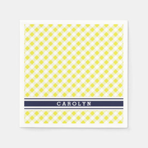 chic preppy yellow navy gingham patroon monogram servet