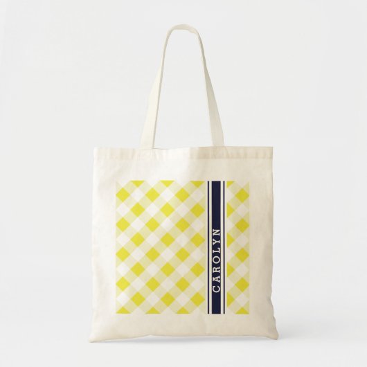 chic preppy yellow navy gingham patroon monogram tote bag (Voorkant)