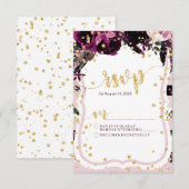 Chic Purple Floral & Gold Wedding Réponse RSVP (Devant / Derrière)