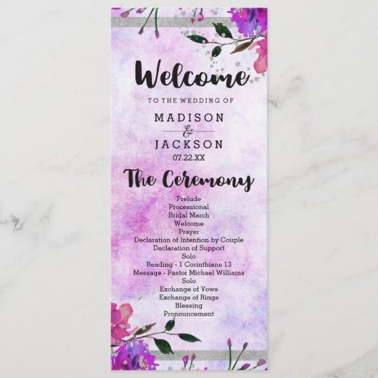 Chic Purple Floral & Silver Wedding Programme (Devant)
