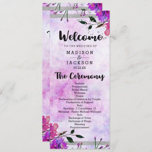 Chic Purple Floral & Silver Wedding Programme (Devant / Derrière)