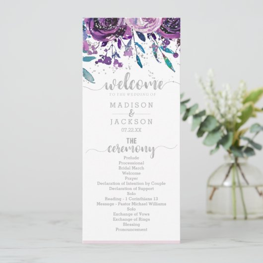Chic Purple Floral & Silver Wedding Programme (Debout devant)