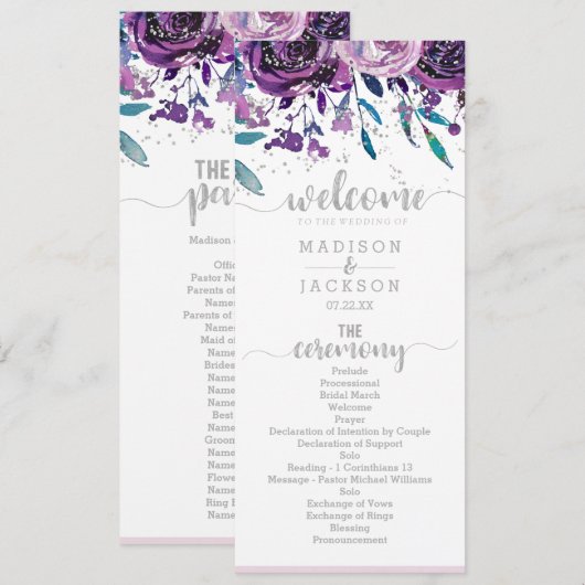 Chic Purple Floral & Silver Wedding Programme (Devant / Derrière)