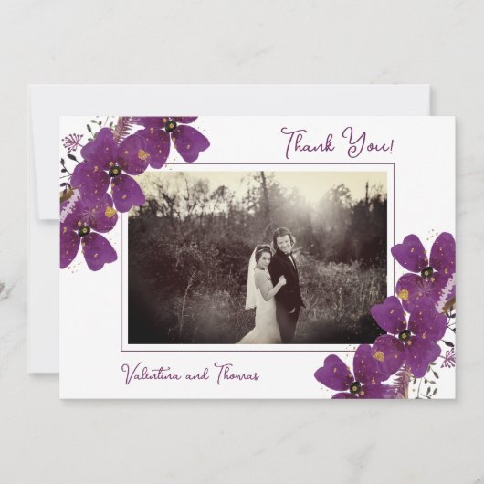 Chic Purple Flowers Wedding Photo Bedankkaart (Voorkant)