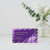 Chic Purple Gold Stripes Carte de visite Floral (Debout devant)