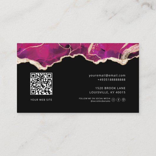 Chic QR Code Roze Zwart Goud Glitter Marmer Visitekaartje (Achterkant)