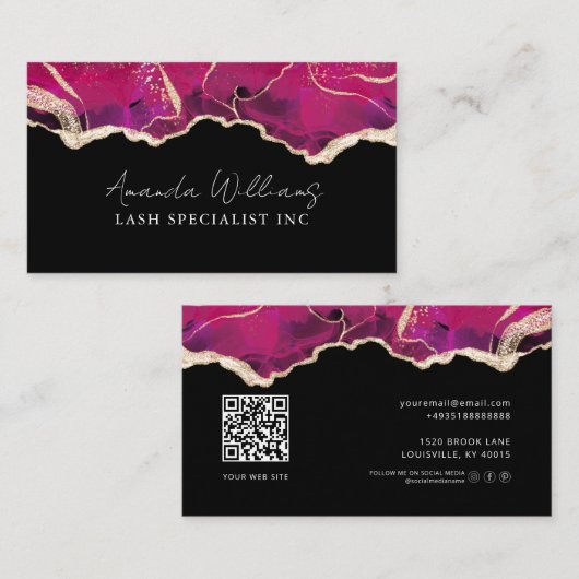 Chic QR Code Roze Zwart Goud Glitter Marmer Visitekaartje (Voorkant / Achterkant)