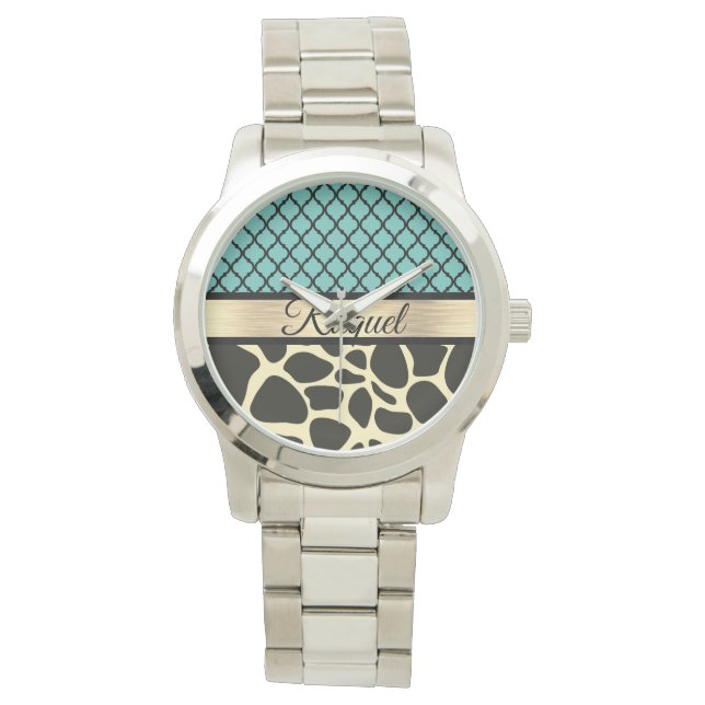 Chic Quatrefoil Giraffe Print Horloge (Voorkant)