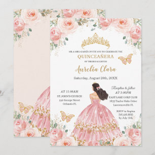 Chic Quinceañera Blush Pink Floral Gold Princess Kaart
