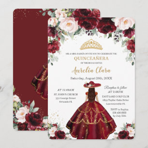 Chic Quinceañera Burgundy Blush Floral Charro Gold Kaart