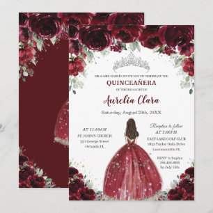Chic Quinceañera Burgundy Floral Princess Silver Kaart