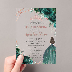 Chic Quinceañera Emerald Green Floral Roos Gold Acryl Uitnodigingen