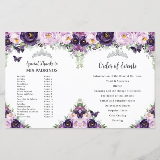 Chic Quinceañera Paars Floral Butterflies Programm (Achterkant)