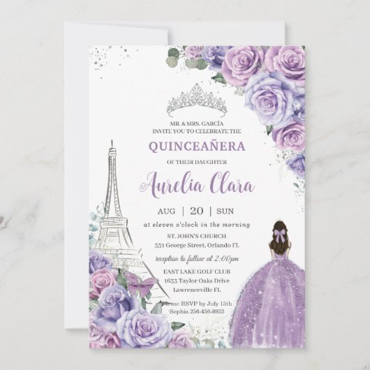 Chic Quinceañera Paars Floral Paris Eiffel Silver Kaart (Voorkant)