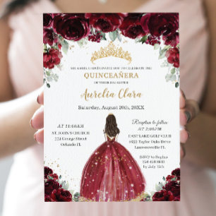 Chic Quinceañera Rich Burgundy Red Floral Princess Kaart