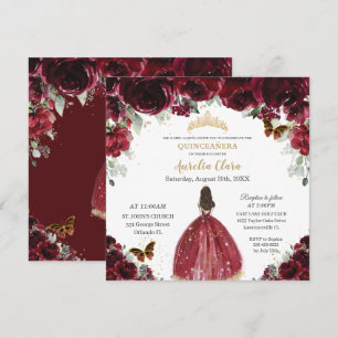 Chic Quinceañera Rich Burgundy Red Floral Princess Kaart