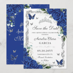 Chic Quinceañera Royal Blue Bloemen Zilver Save The Date