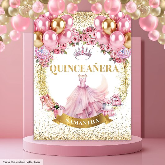 Chic Quinceañera Tapestry Roze Jurk Gouden Kroon Wandkleed