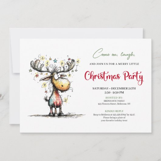 Chic Quirky Reindeer Festive Party Invitation Kaart (Voorkant)
