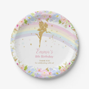 Chic Rainbow Fairy Girl Birthday Pink Floral Papieren Bordje