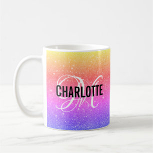 Chic rainbow glitter monogram naam koffie mok