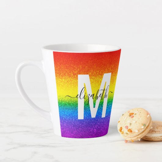 Chic Rainbow Glitter Stripe Monogram Naam Latte Mok (In situ)