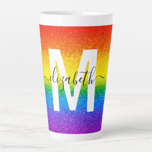 Chic Rainbow Glitter Stripe Monogram Naam Latte Mok