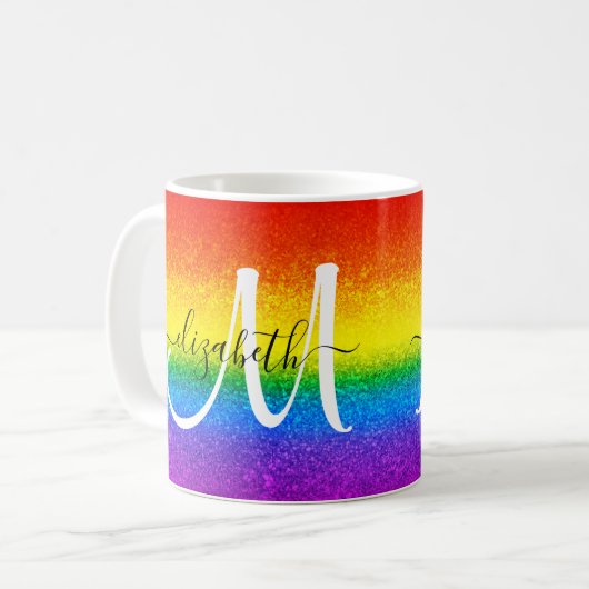 Chic Rainbow Glitter Stripe Script Monogram Koffiemok (Voorkant links)