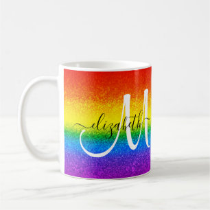 Chic Rainbow Glitter Stripe Script Monogram Koffiemok
