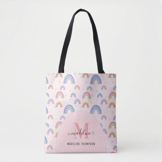 Chic Rainbow Heart Script Monogram Boho Pink Draagtas (Voorkant)