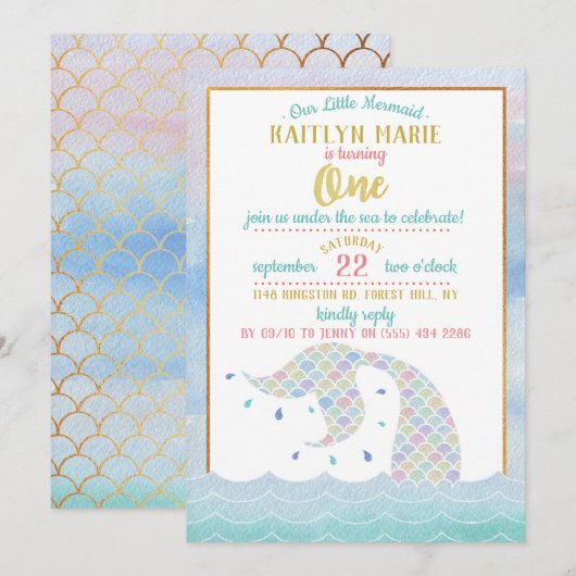 Chic Rainbow Waterverf Mermaid 1st Birthday Kaart (Voorkant / Achterkant)