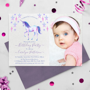 Chic Rainbow Waterverf Unicorn Foto Birthday Kaart