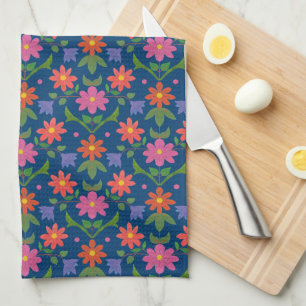 Chic Rangoli Flowers Polka Dots Blue Kitchen Towel Theedoek