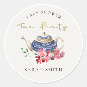 Chic Red Blue Floral Teapot Baby shower Tea Party Ronde Sticker